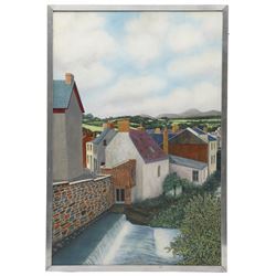 Tony Steele-Morgan (British 1930-2009): 'Brecon' Wales - Rooftops, oil on board signed inscribed and dated 1977 verso 54cm x 36cm