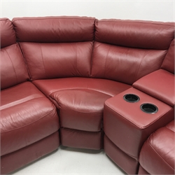 Large corner sofa upholstered in red leather, in built storage unit, 