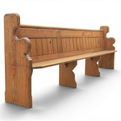 Victorian pitch pine church pew, tongue and groove back with rear shelf, shaped sides and supports 