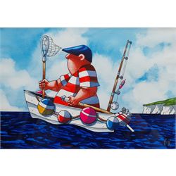 Paul M Kiernan (Northern British Contemporary): 'Gone Fishing', watercolour and ink signed with initials 19cm x 26cm
