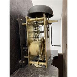 Early 19th century oak longcase clock, the enamel dial decorated with raised gilt trailing scrolls, signed 'Amyot & Bennett, Norwich', 8-day movement striking on bell