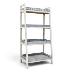 OKA style four tiered waterfall bookshelf, painted woodened frame with pierced wrought metal gallery