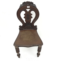 Victorian mahogany hall chair, floral carved cresting rail, pierced splat, solid serpentine seat, turned supports, W44cm