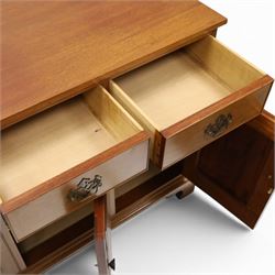 Acornman - mahogany sideboard, rectangular top over four drawers and four panelled cupboard doors with brass handles, on bracket feet, with signature carved acorn, by the workshop of Alan Grainger of Brandsby