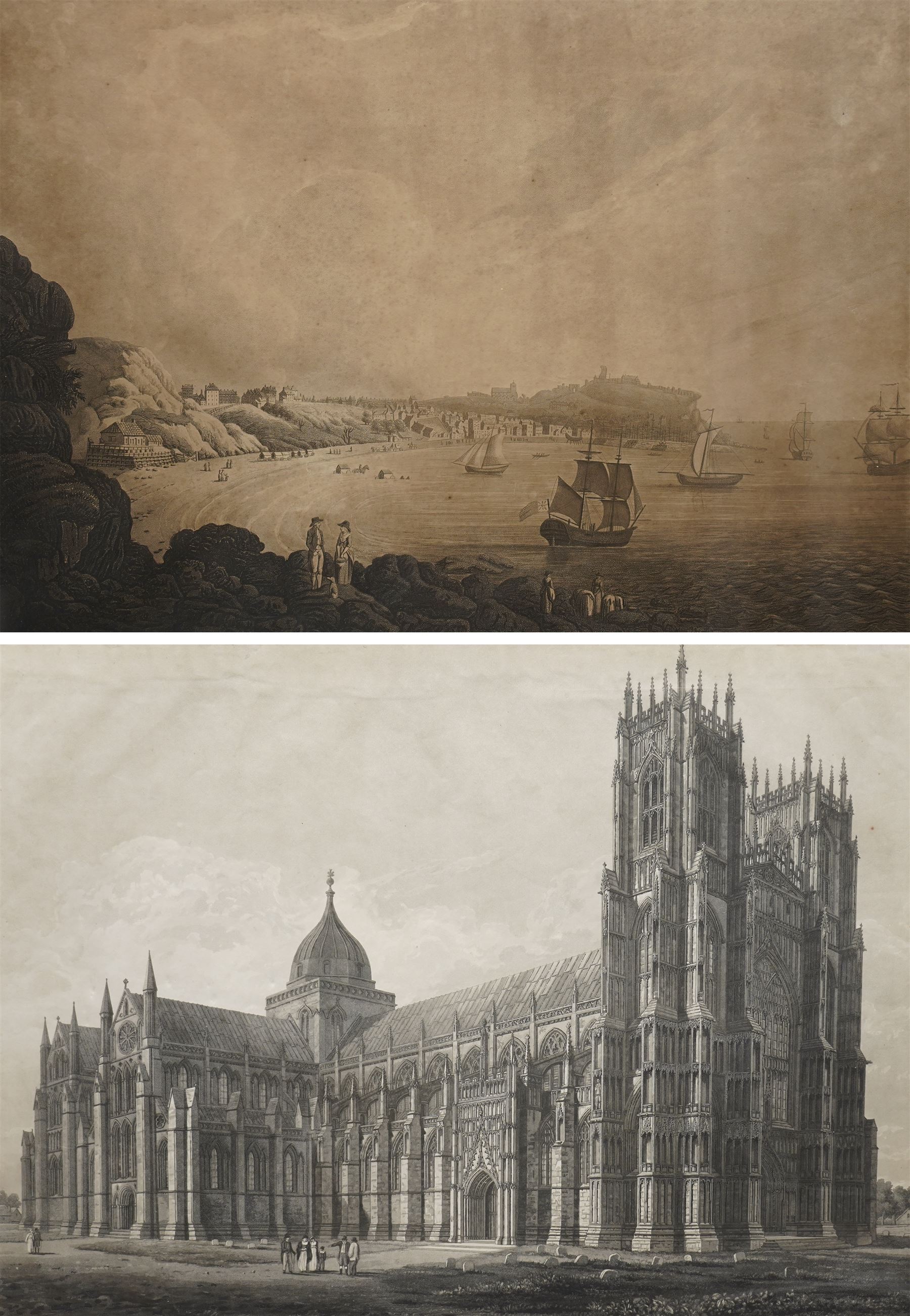 After John Hornsey (British 18th/19th century): 'A South View of Scarborough', sepia  aquatint engraving by W Green pub. c.1795, 52cm x 57cm; Frederick C Lewis (British 1779-1856) after John C Buckler (British 1770-1851): 'North-West View of Beverley Minster - Yorkshire', aquatint engraving pub. c.1816, 46cm x 61cm (2)