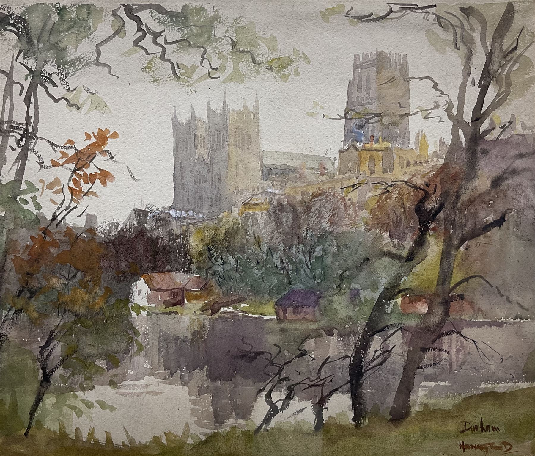 Charles E Hannaford (British 1863-1955): Durham from the River, watercolour signed and inscribed 29cm x 34cm