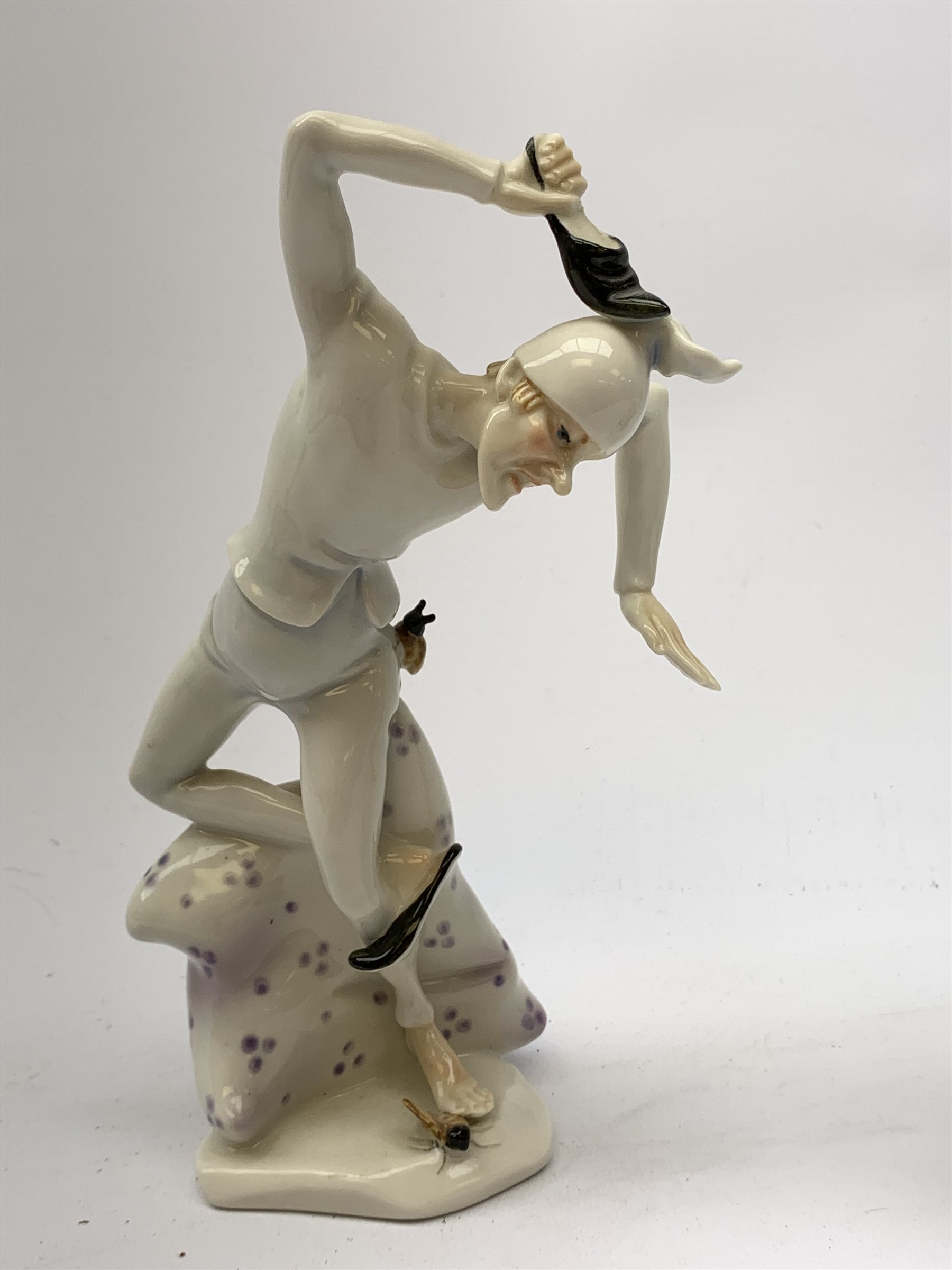 Three 20th century Karl Ens figurines, the first modelled as Uncle Fritz, the second modelled as Bock the Tailor, the third modelled as a sprightly female figure, each with printed blue mark to base, largest H20cm. 