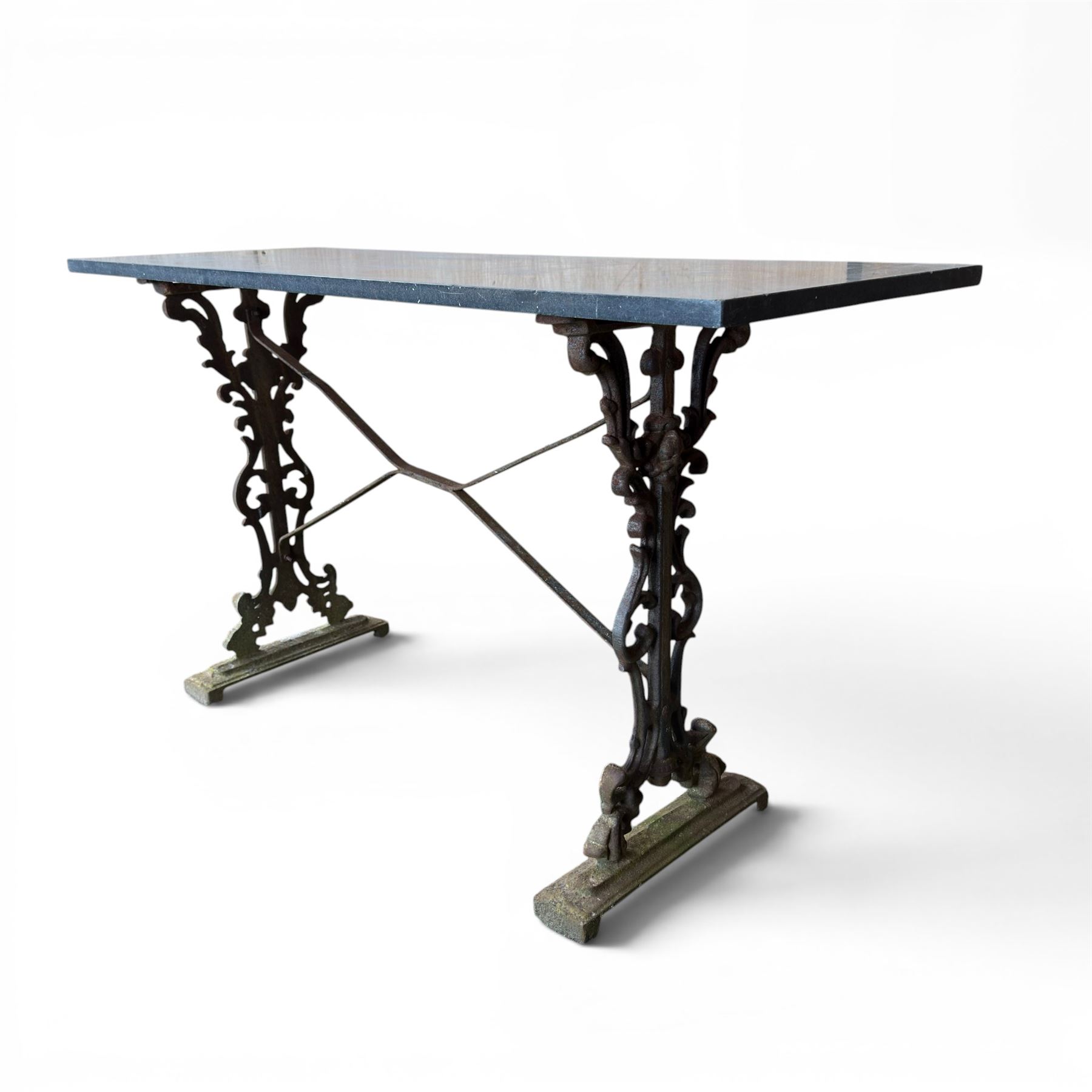 Edwardian ornate cast iron garden table, later rectangular granite top