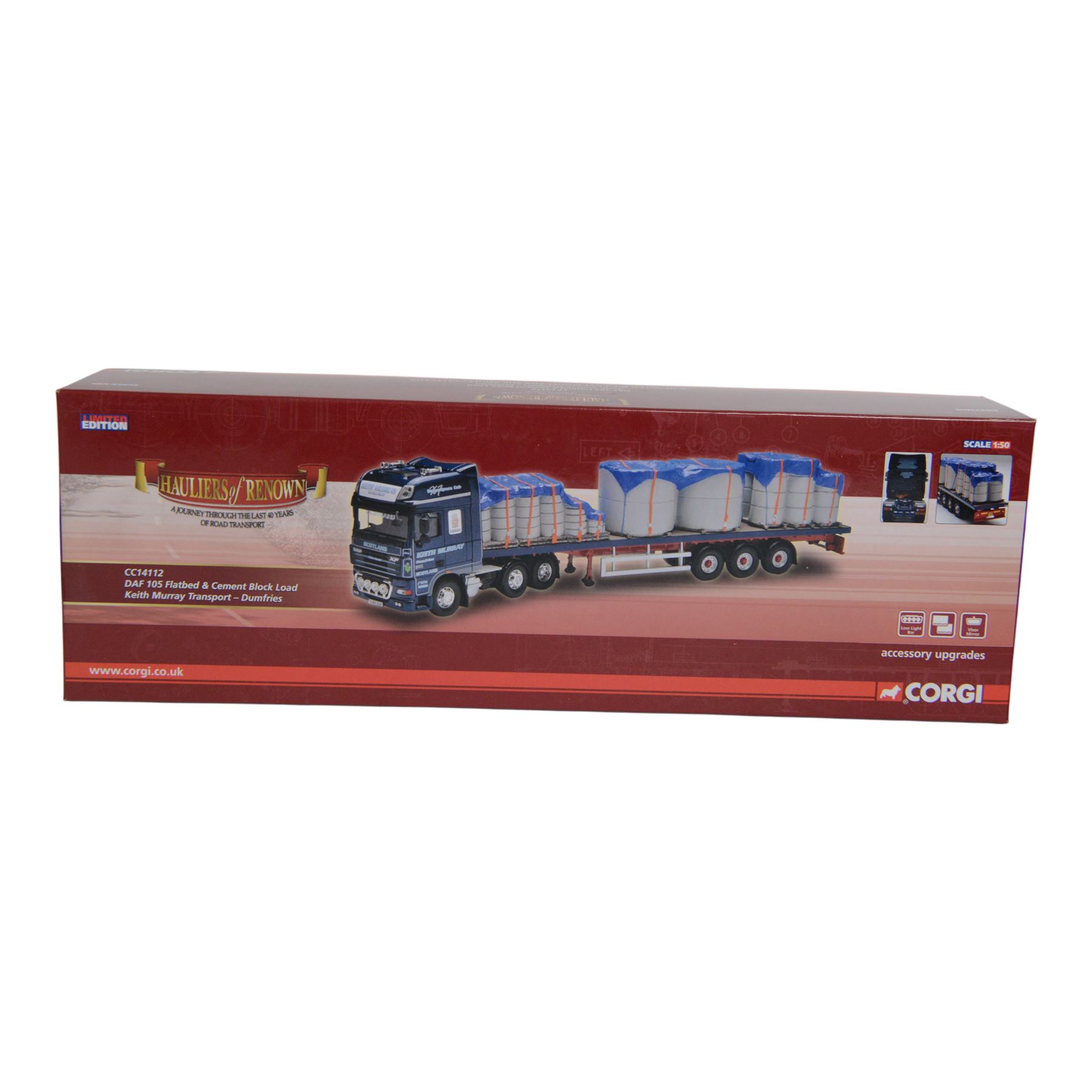 Two Corgi Hauliers of Renown 1:50 scale diecast model lorries, comprising CC15301 Scania 111 Tandom Axle Box Van Montgomery Transport and CC14112 DAF 105 Flatbed & Cement Block Load Keith Murray Transport, both boxed