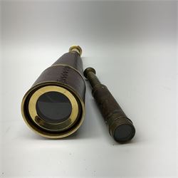 Victorian brass two-draw pocket telescope with leather cover L26cm extended; and modern leather covered lacquered brass three-draw telescope with sliding lens cover L66cm extended (2)