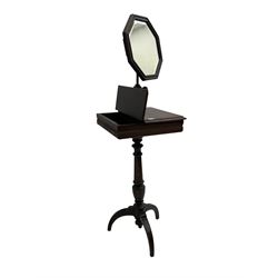 Late 19th century Victorian shaving stand, octagonal mirror with bevelled plate and extendable support, on square top with two hinged lid compartments, fluted frieze, turned tapering column raised on tripod base
