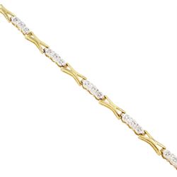 9ct gold diamond bracelet, twelve links set with three diamond chips, each spaced by a gold crossover link, hallmarked