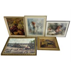 Gordon King print, oleograph of kittens, and three further prints (5)