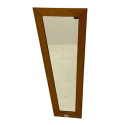 Three mid to late 20th century teak framed wall mirrors, and a contemporary bevelled frameless wall mirror, the tallest - H89cm