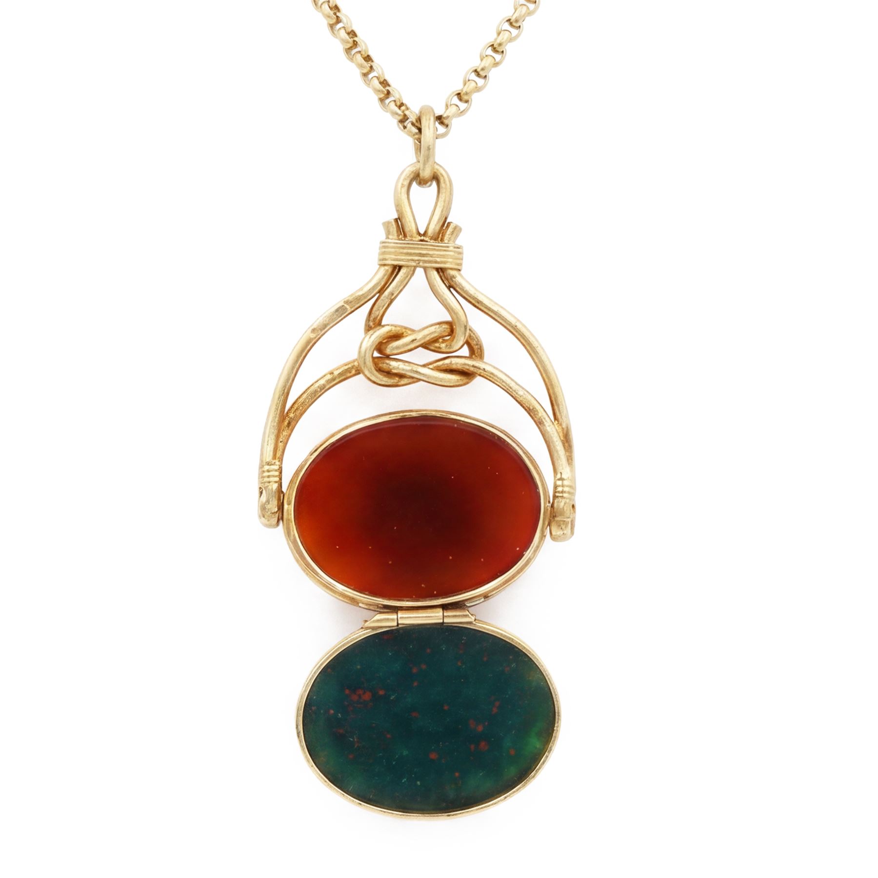 Gold bloodstone and agate opening swivel fob, with knot decoration, Birmingham 1990, on a gold belcher link chain necklace, both 9ct