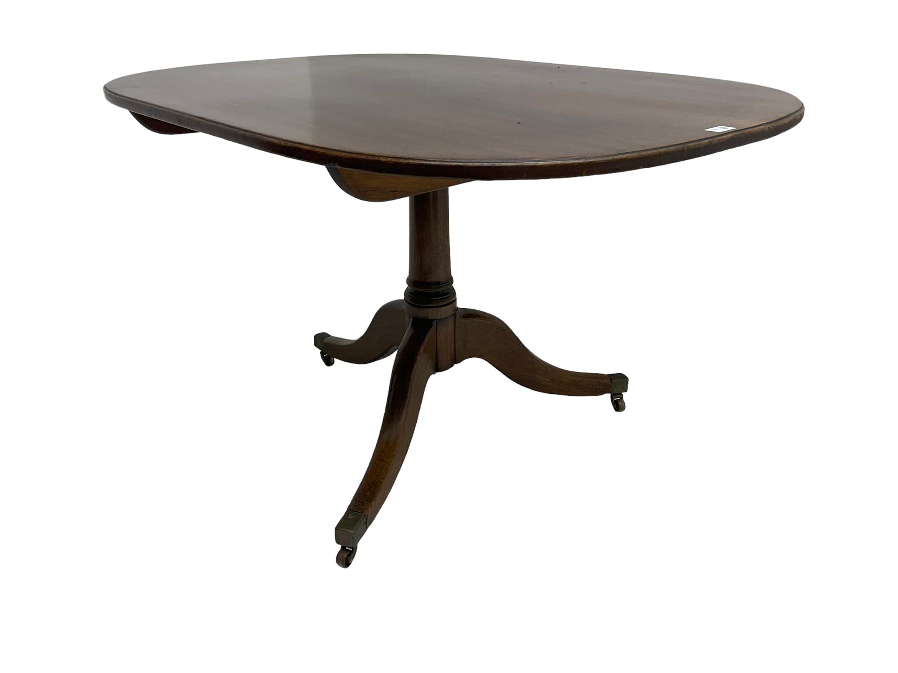 George III mahogany pedestal table, moulded tilt-top on turned column, three splayed supports with brass cups and castors