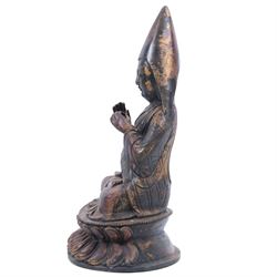 20th century bronzed Tibetan figure Tsongkhapa, seated upon a double lotus leaf, H30cm