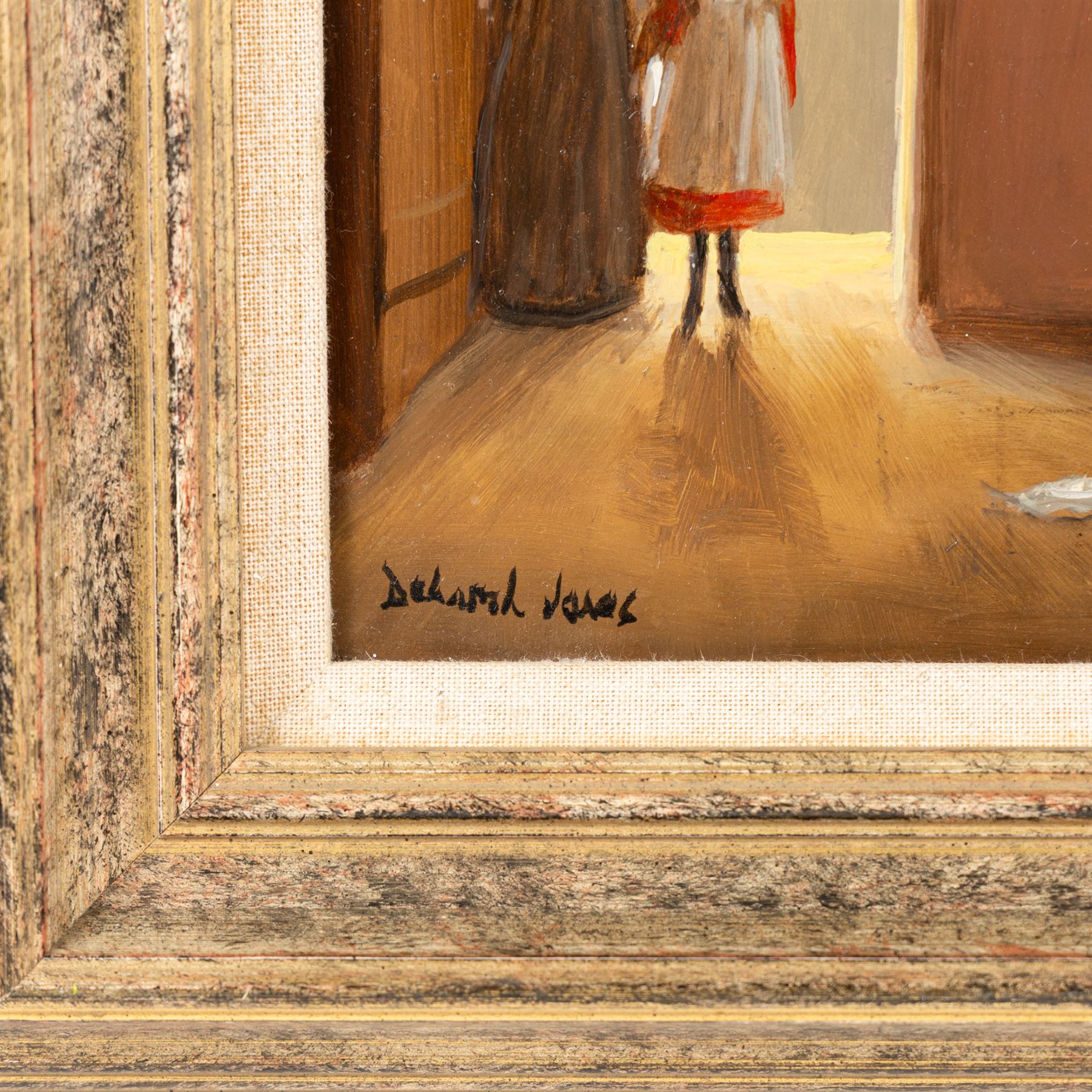 Deborah Jones (British 1921-2012): Bedroom Interior with Mischievous Cats, oil on board signed 19cm x 26cm