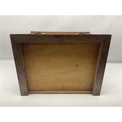 Victorian oak three drawer tabletop haberdashery chest advertising Morris Yeomans' Needles and Co, H27cm, L36cm
