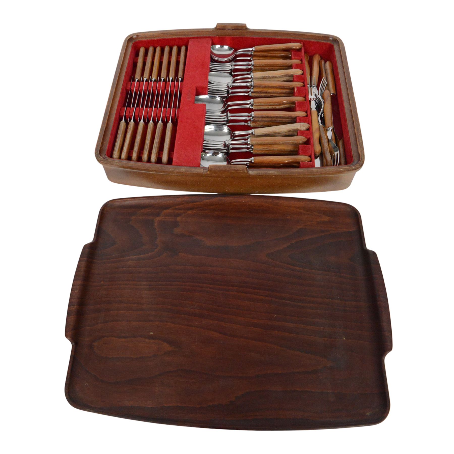 1960's fitted canteen of Sanenwood wooden handled stainless steel cutlery for six covers, including additional fish eaters with slide off tray cover 
