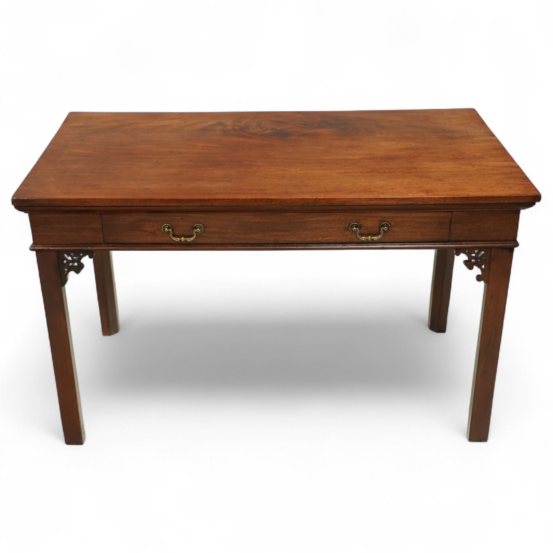Late 18th century mahogany serving table, rectangular top over single frieze drawer with brass swing handles, pierced fretwork brackets, on square supports