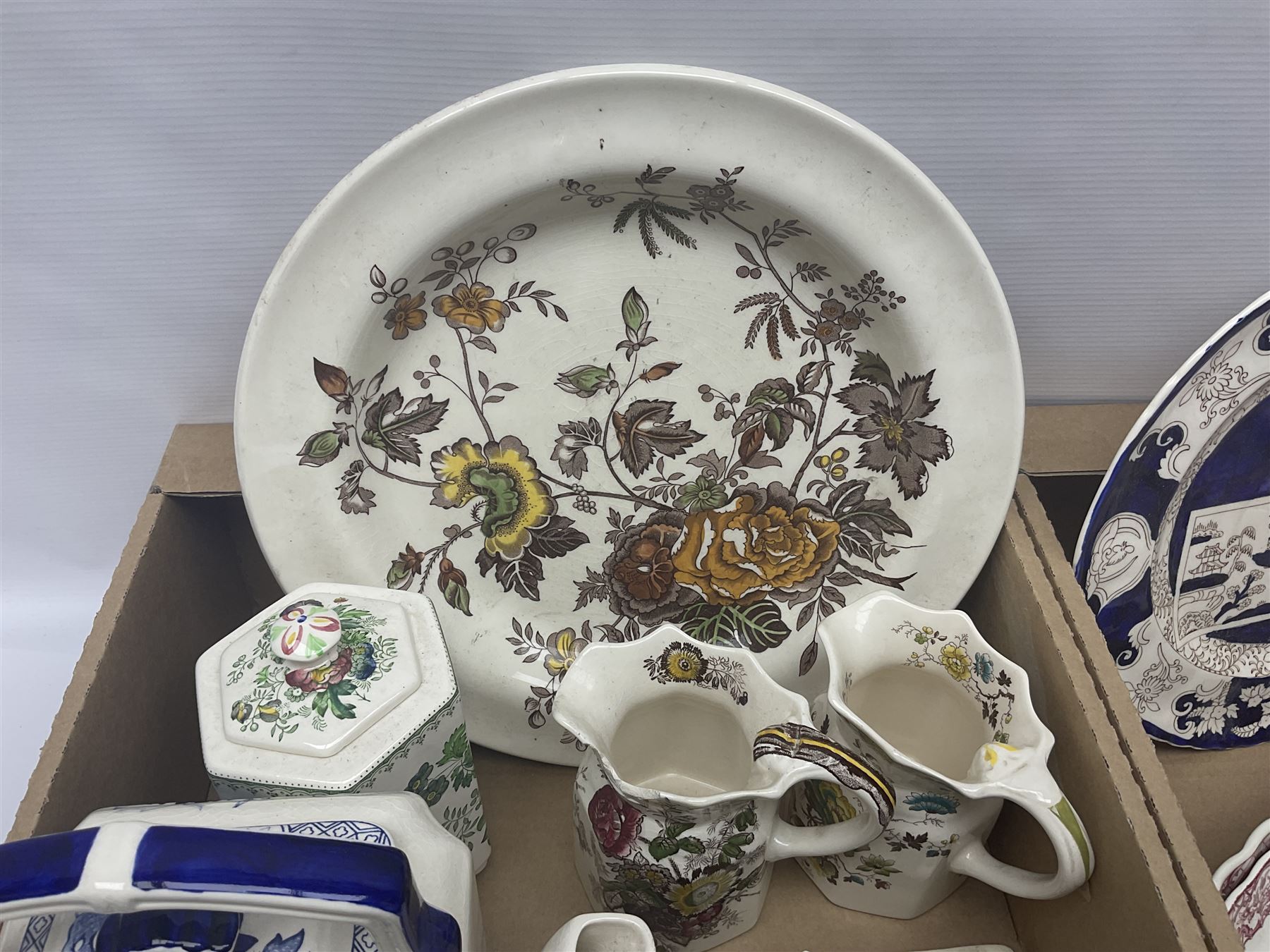 Masons Ironstone ceramics, including Double Landscape pattern plate and jar and cover, Fruit Basket pattern tea pots, etc, in two boxes