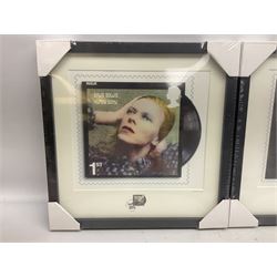 Set of three Royal Mail David Bowie limited edition album stamp prints, comprising  Ziggy Stardust Tour, Hunky Dory and Earthling, all framed and in original packaging, H43cm W43cm