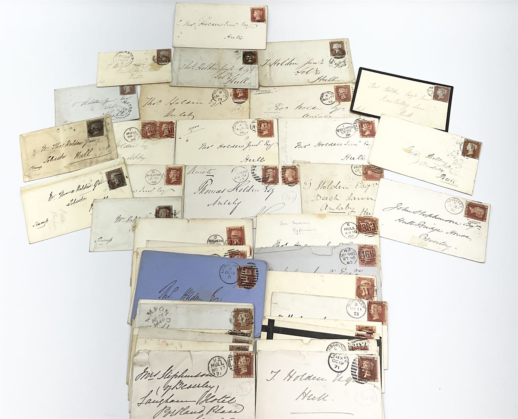 Various Queen Victoria penny red stamps on covers or pieces including imperf and perf examples, mourning covers etc (46)