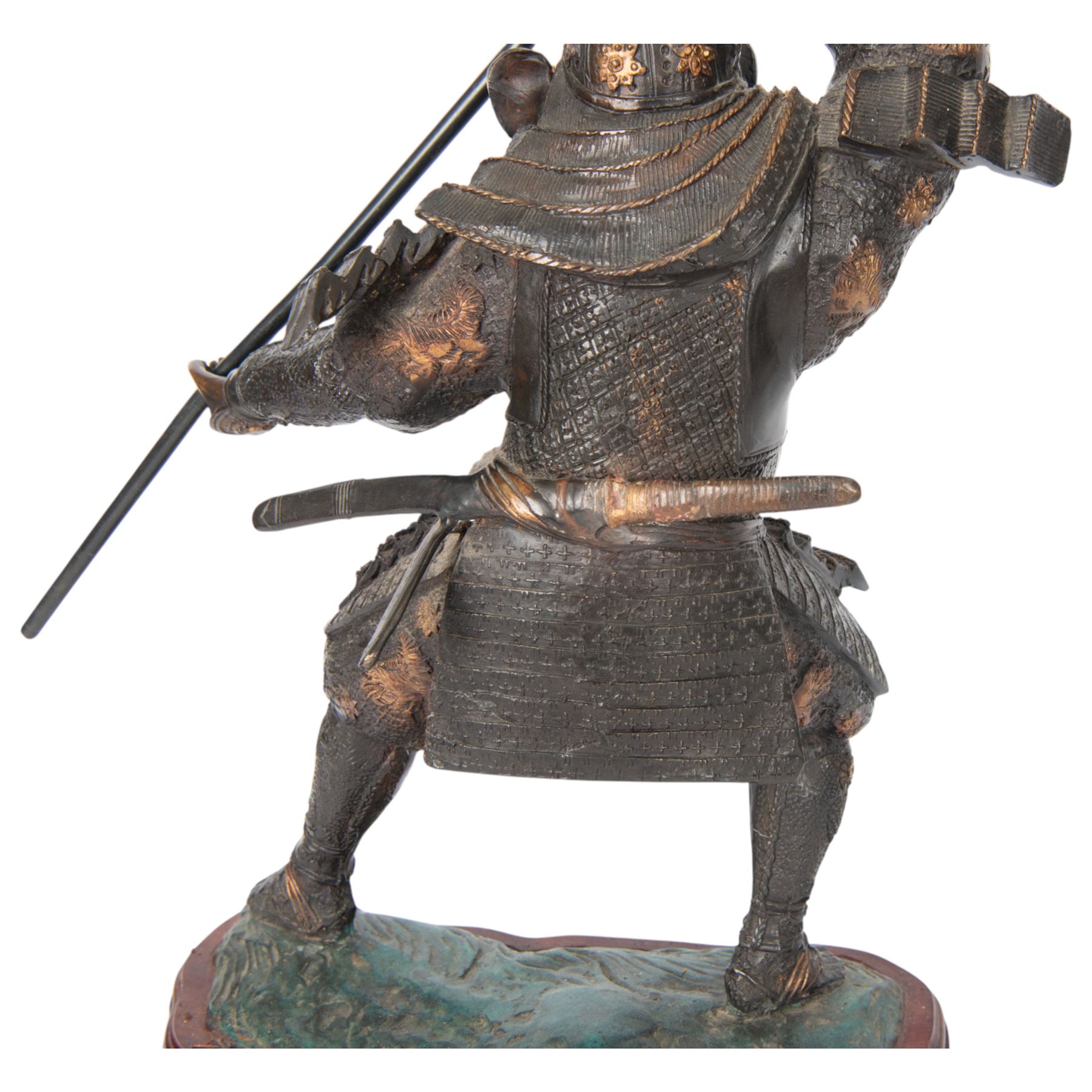 Japanese bronze of a Samurai, possibly Meiji period, standing holding a three pronged spear, on a wave form base, H67cm