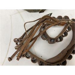 Mundial Brazil bowie knife, the 15.5cm steel blade inscribed 'Sheriff Knife', with banded and aluminium hilt; in leather sheath L29cm overall; British Army felt covered metal water bottle with webbing strap; leather 12-bore cartridge belt; and small pair of non-military binoculars in part case (4)