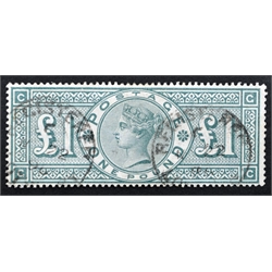  Queen Victoria one pound green stamp, two cancels   