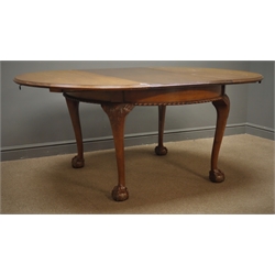  Early 20th century mahogany circular extending dining table, acanthus carved cabriole legs, ball and claw feet, W124cm, H77cm  