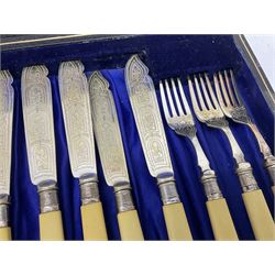 Set of six EPNS fish knives and forks with ivorine handles and hallmarked silver ferrules, boxed, together with a tapering glass decanter with hallmarked silver collar and pair of cut glass salts with hallmarked silver collars, decanter H32cm