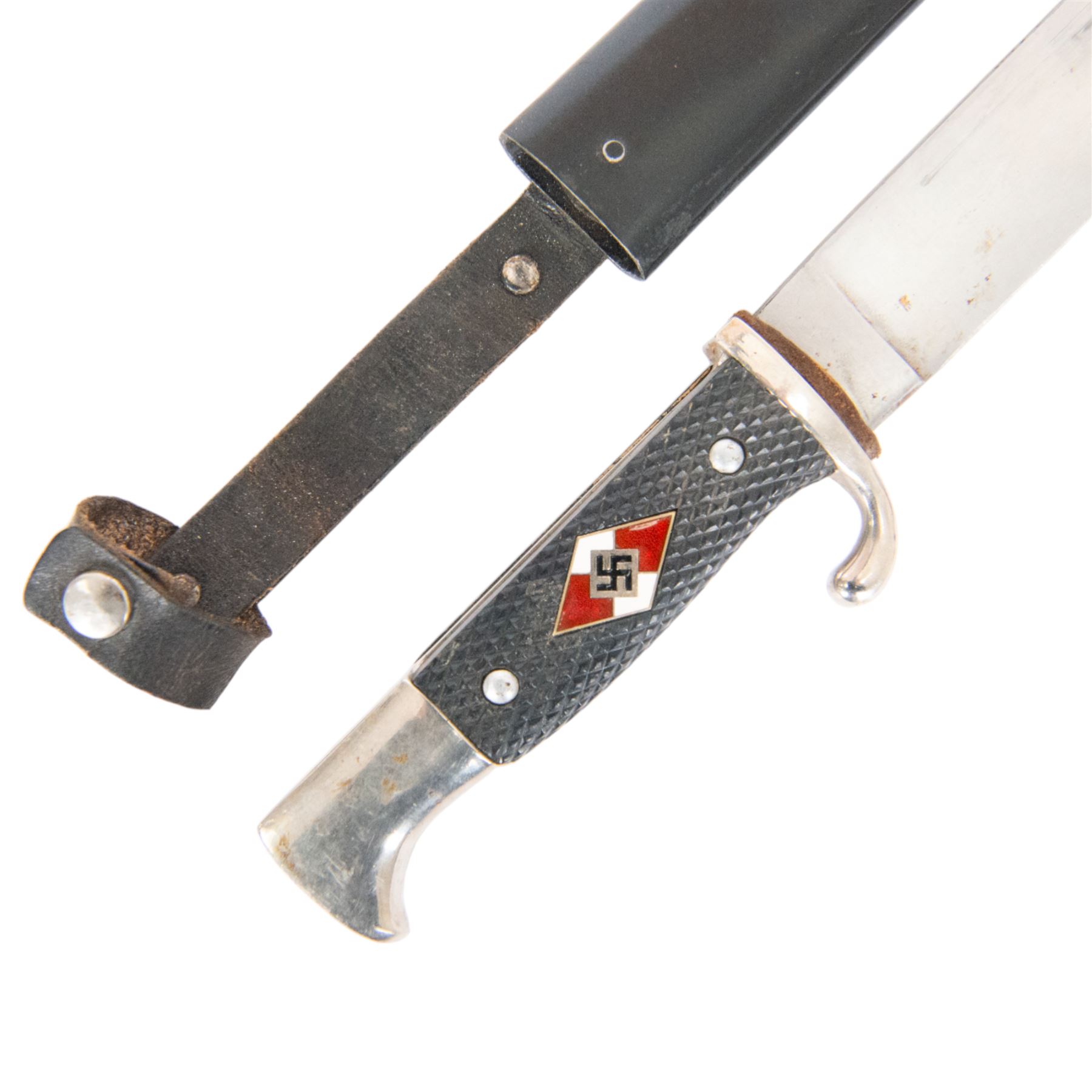 German Third Reich Hitler Youth style dagger, the 14cm blade with indistinct mark to the riccaso, with scabbard and leather, overall L25cm