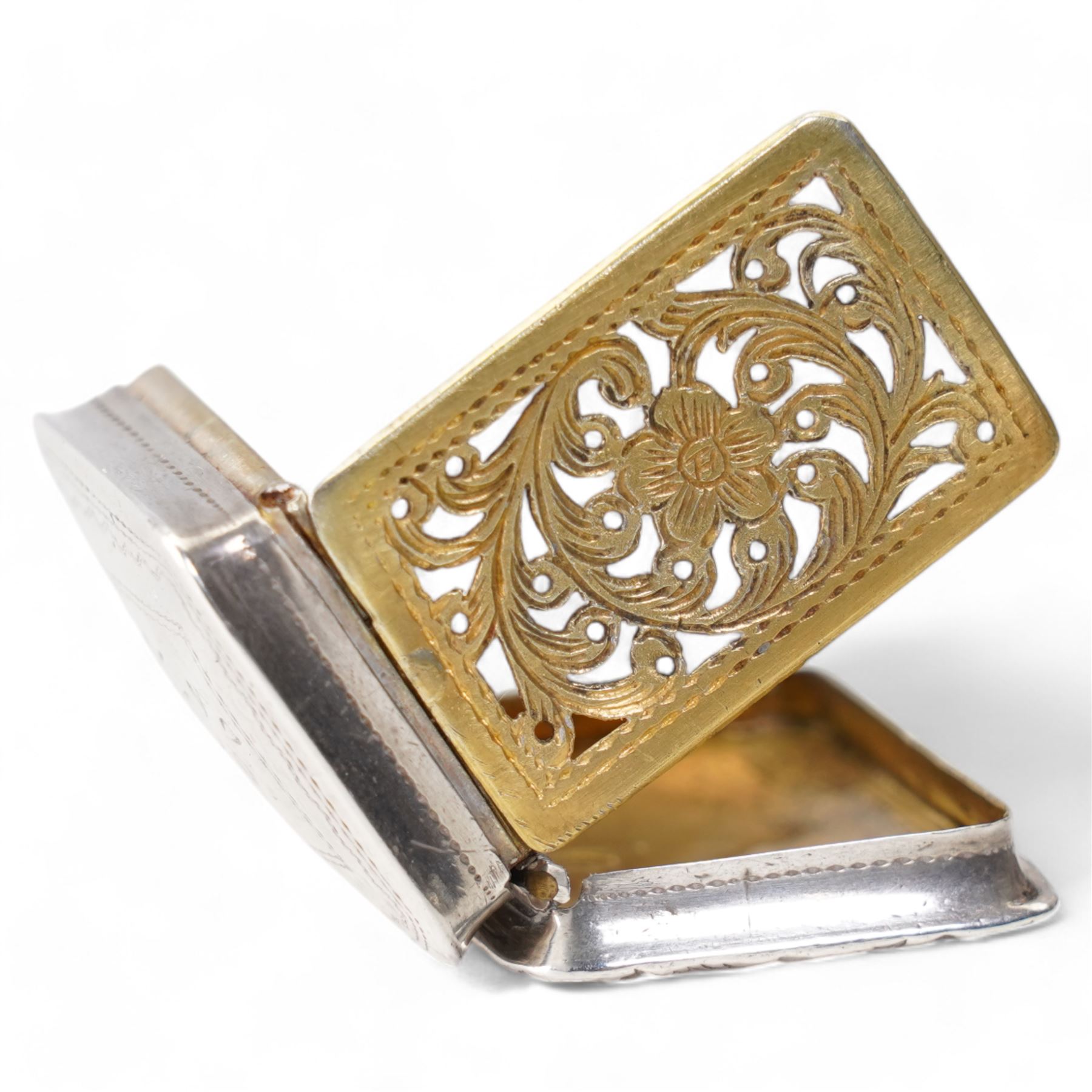 Victorian rectangular silver vinaigrette with inscription and floral engraving, hinged pierced grille  Birmingham circa 1840 Maker Nathaniel Mills