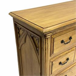 Gothic polished pine tallboy chest, six drawers with centre cupboard 