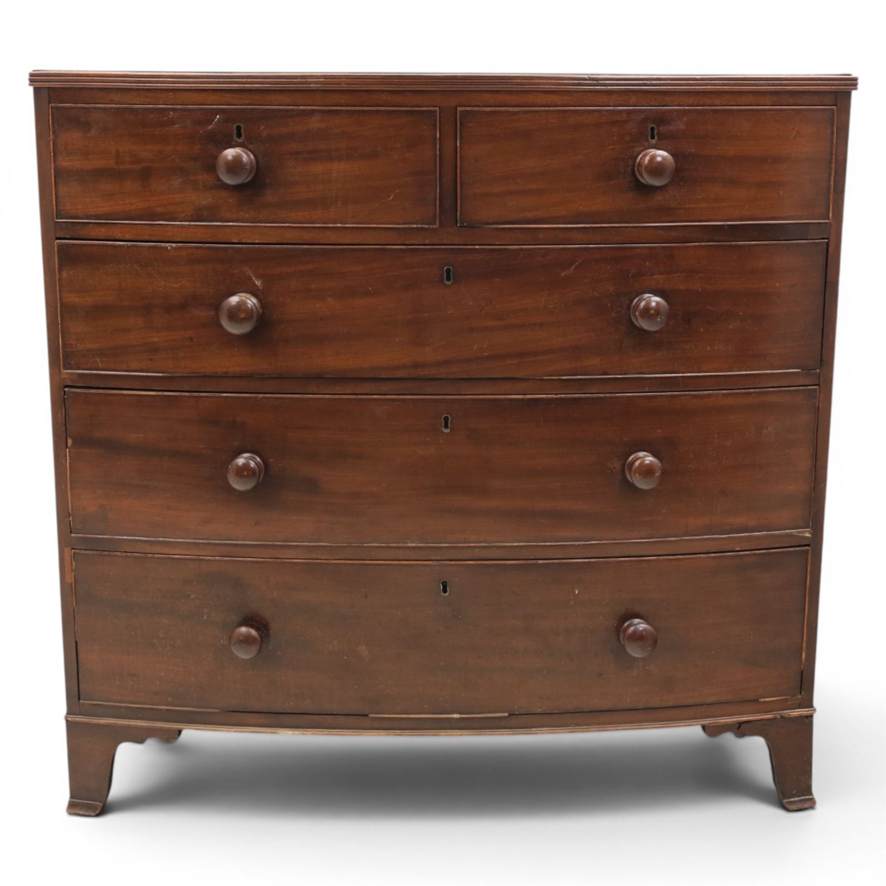 19th century bow fronted mahogany chest, two short over three graduating drawers, raised on bracket feet