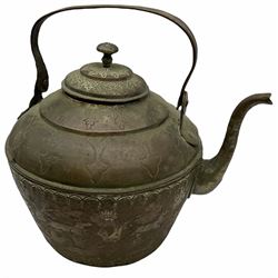 Large Eastern copper alloy kettle, decorated with animals in a forest setting, H33cm, together with three decorative metal urns, tallest example H20cm.  