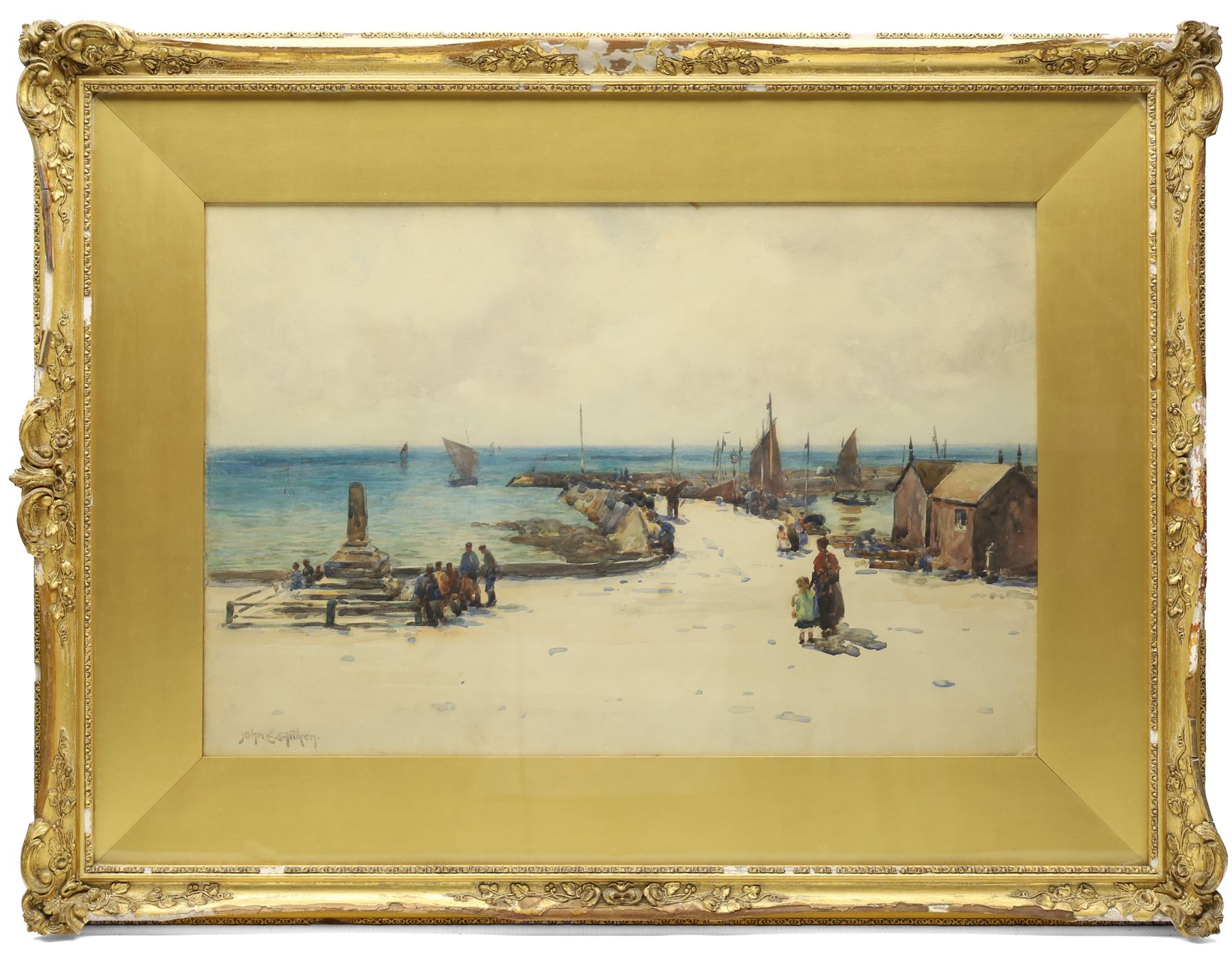 John Ernest Aitken (Scottish 1881-1957): 'A North Sea Harbour', watercolour signed, titled on Chas. Rowley and Co 1910 Ltd label verso 33cm x 49.5cm