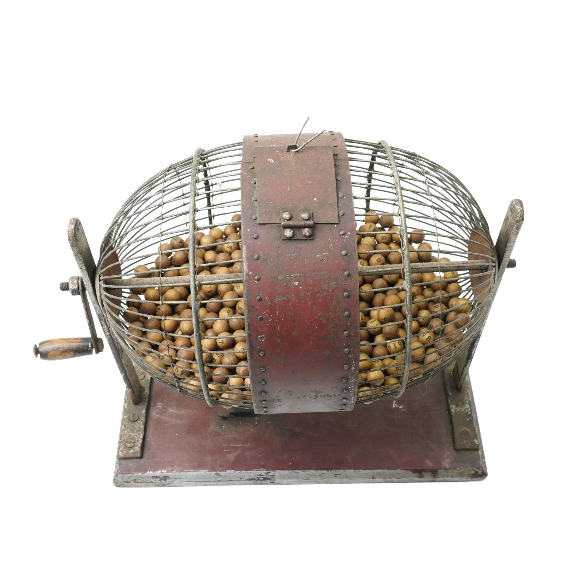 Vintage wire work tombola with wooden balls in metal frame and on rectangular wooden base H39cm 