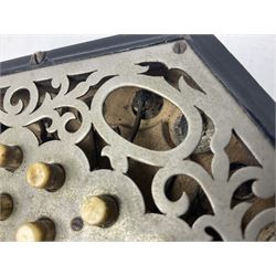19th century Lachenal concertina of hexagonal form with fretworked nickel ends and thirty-four plus one bone buttons; straps marked Lachenal & Co Makers London and wooden handle stamped English Make Trade Mark L16cm