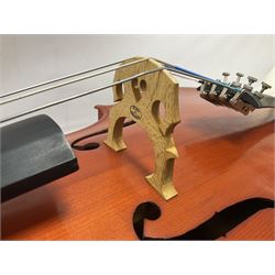 3/4 size cello with soft case, 69cm back length, 114cm full length, with bridge, ebonised tail piece and fingerboard.