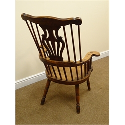  19th century ash and elm high back windsor chair, shaped cresting rail, stick back with pierced vase shaped splat, shaped seat on turned supports, probably Thames Valley, W70cm  