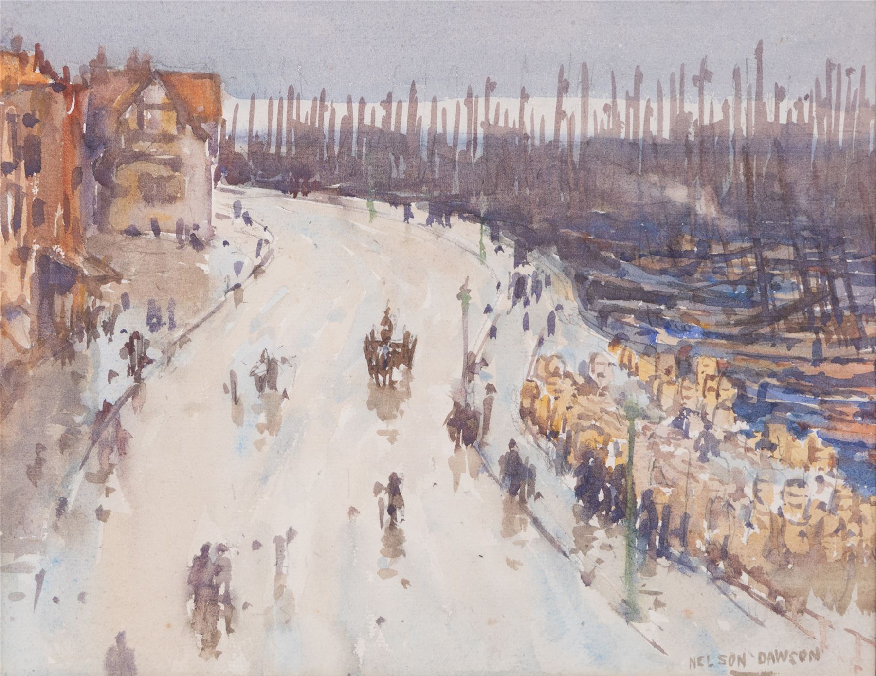 Nelson Ethelred Dawson (British 1859-1941): Sandside Scarborough and the Golden Ball with the Herring Fleet in the Harbour, watercolour signed 21cm x 27cm