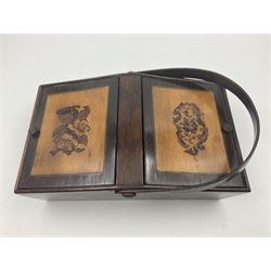 19th century rosewood Tunbridge Ware basket, of rectangular form with curved bentwood handle, and twin hinged sloping covers, lifting to reveal paper lined interiors, not including handle H5.5cm D10.5cm L18cm