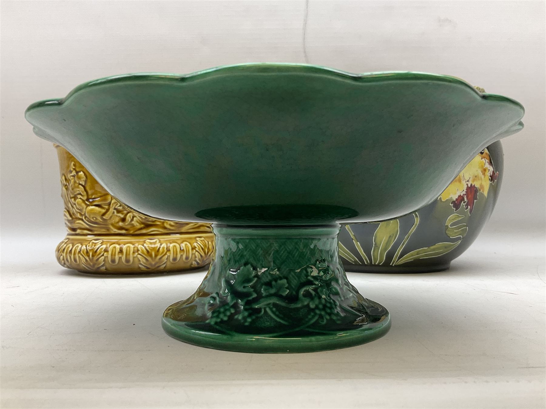 Wedgwood majolica comport, moulded with basket weave and foliage decoration, together with Imperial & Bonn and Sylvac jardinières, sylvac H18cm