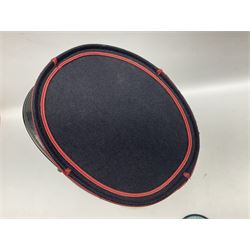 Mid 20th century French Ugeco Nantes first class dress navy blue uniform with ribbon bar with cap, and quantity of Sapeurs Pompiers patches, Sapeurs Pompiers de Caen belt buckle etc