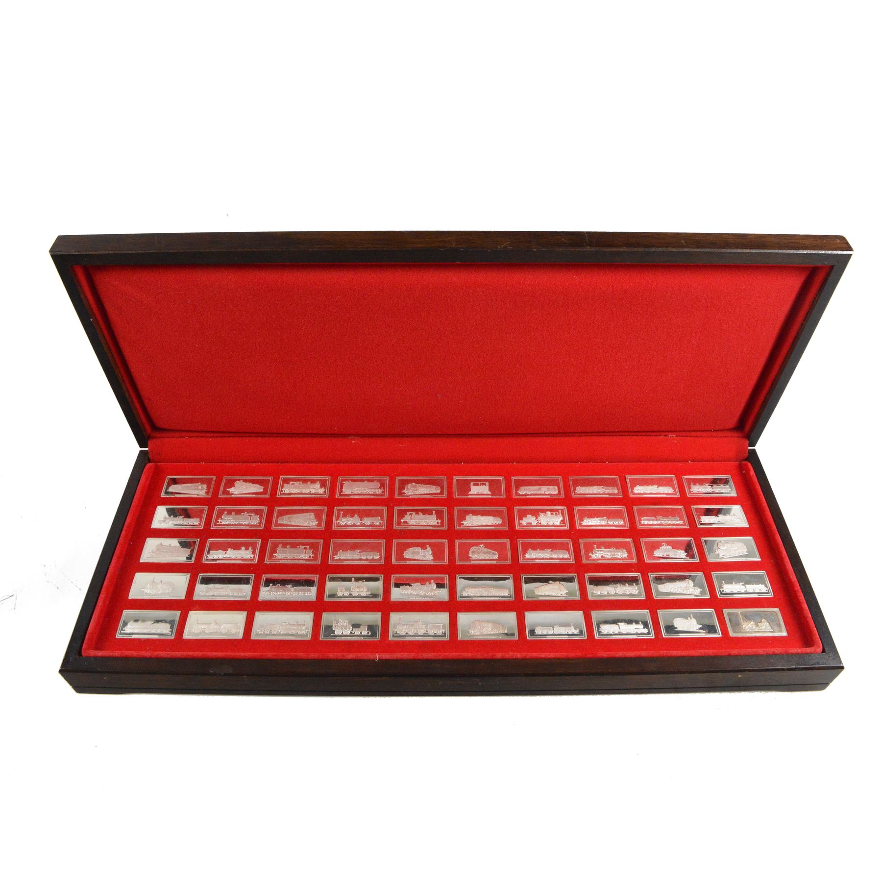 Set of fifty 'Great British Locomotives' silver ingots by  John Pinches, rectangular ingots depicting a different locomotive to each, hallmarked John Pinches, London 1978, in wooden presentation case