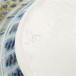 Andrew Osborne (1956 -): Geometric Jar and Bowl, with abstract design in typical blue and green glazes, incised marks to bases, jar H34cm