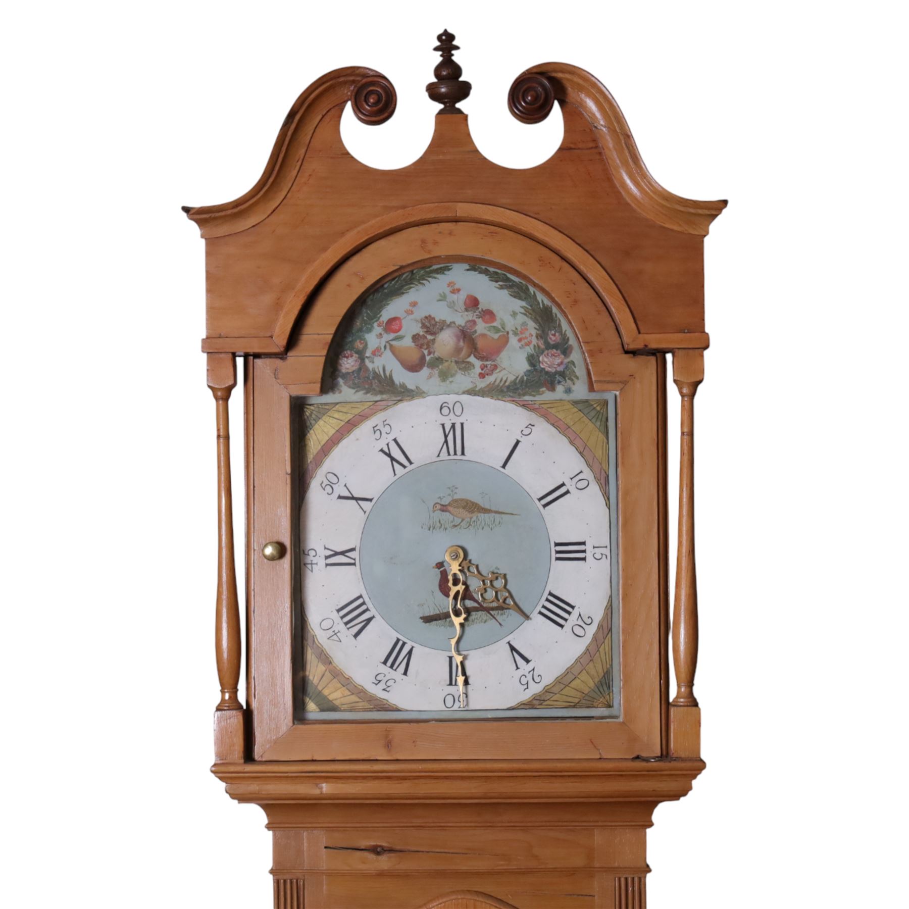 30-hour, 19th-century provincial pine weight-driven longcase clock, with a swan neck pediment, arched hood door with shaped columns with a long door with a shaped top on a square plinth with a shaped base, painted arched dial decorated with fruit and birds and patera decorated spandrels, brass hands, Roman numerals and minute track, dial pined to a chain driven countwheel striking movement, striking the hours on a bell, with a pendulum, back feet missing
